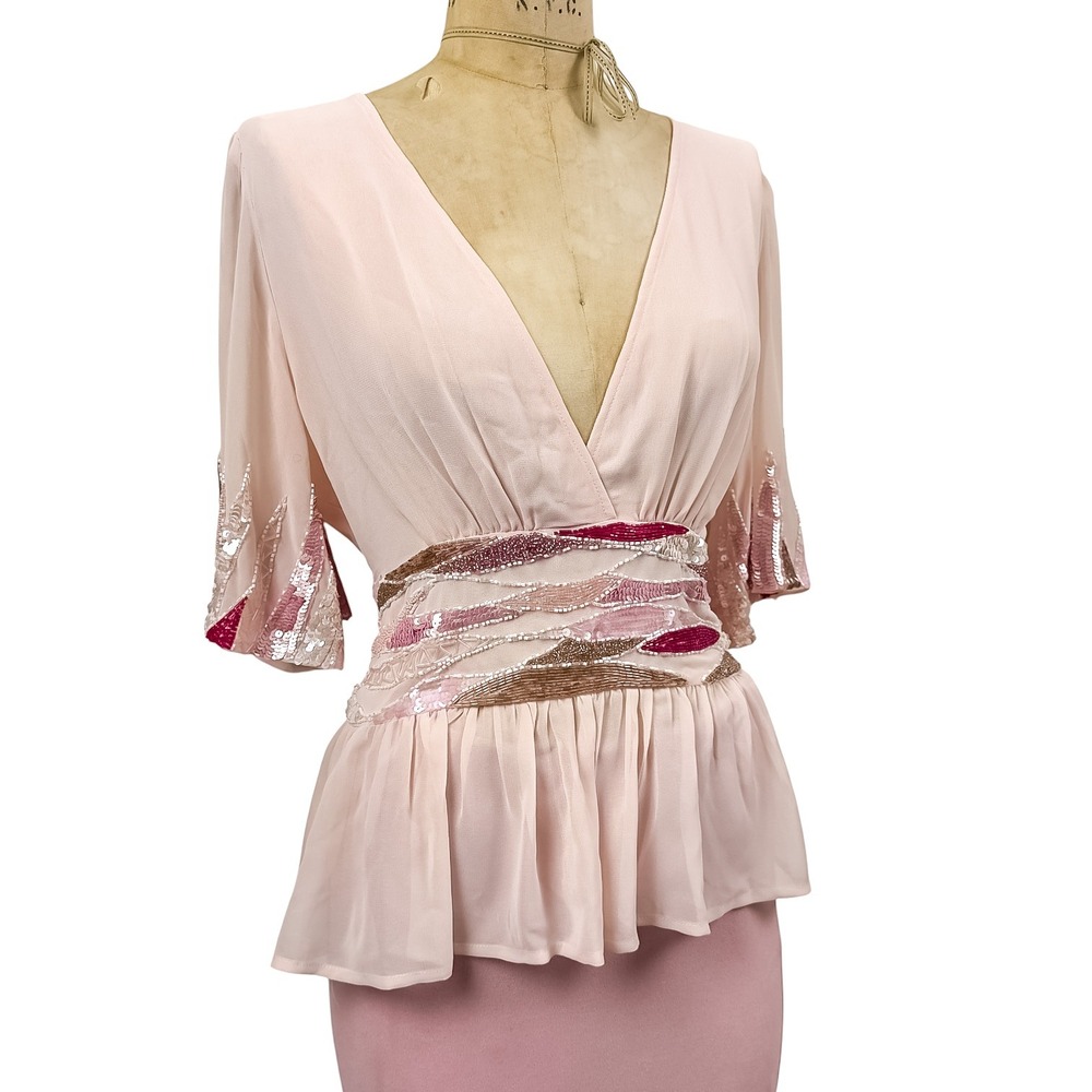 Y2K Glam Sequin Beaded Peplum Blouse V-Neck Flutter Sleeve Top Pink Coquette L - Picture 2 of 9